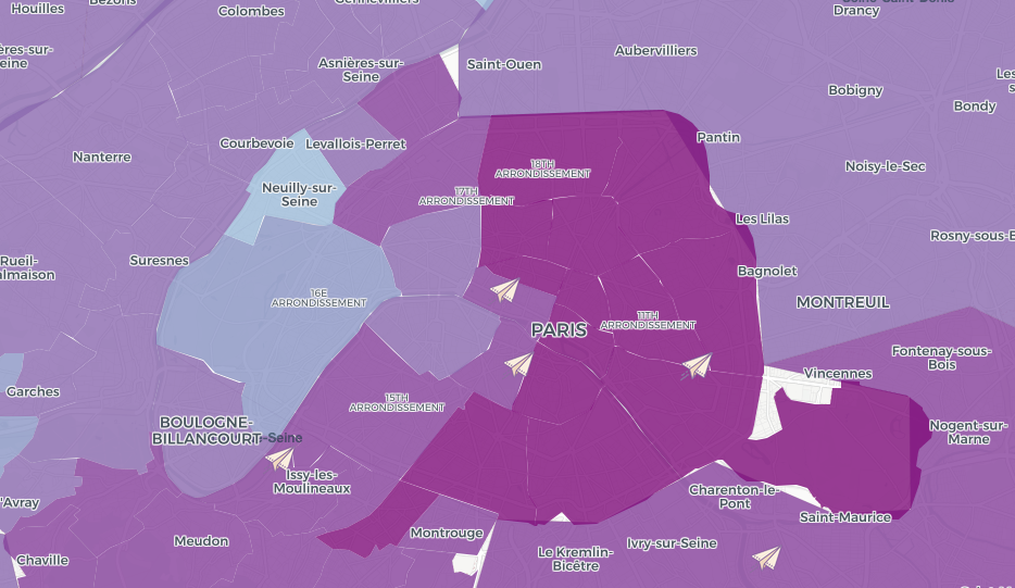 Carte de la région parisienne colorée selon les mobilisations pour faire signer le référedum